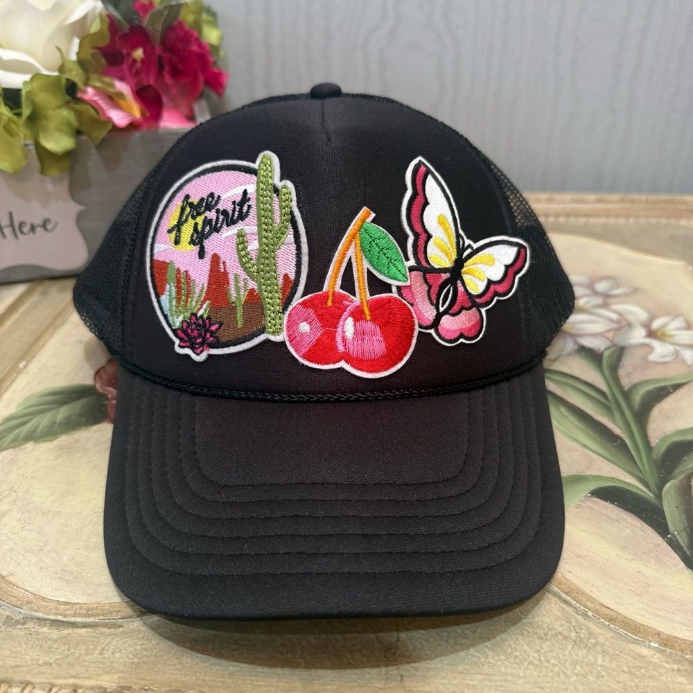 OTTO Vintage Style Free Spirit Desert Cactus Cherry Butterfly Patch Trucker Hat